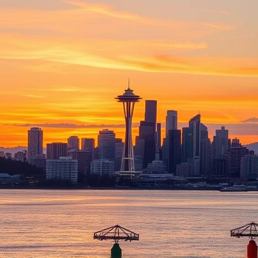 A panoramic view of the Seattle skyline at sunset, with the Puget Sound in the foreground.