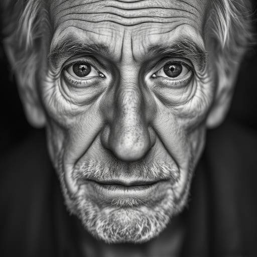 Black and white portrait of an elderly man with a wise and weathered face.
