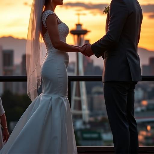 Bride and groom holding hands during their wedding ceremony, with the Seattle skyline in the background.
