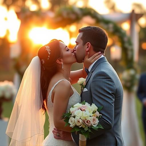 Bride and groom sharing a kiss during their outdoor wedding ceremony.