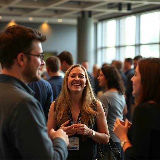 Candid shot of attendees laughing and networking at a corporate event in a modern Seattle venue.