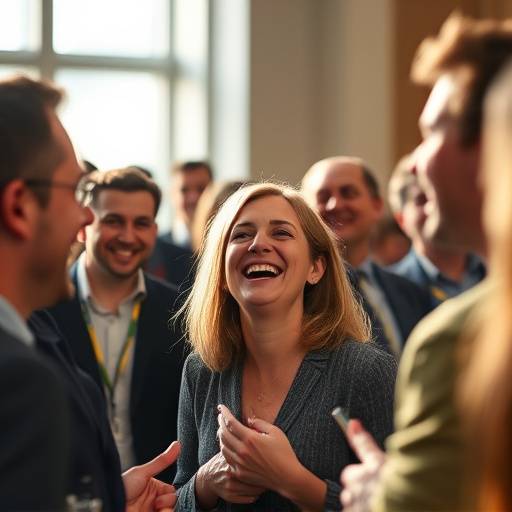 Candid shot of people laughing and enjoying themselves at a corporate event.