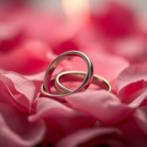 Close-up of wedding rings intertwined on a bed of roses.