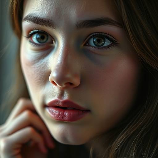 Close-up portrait of a young woman with a thoughtful expression.