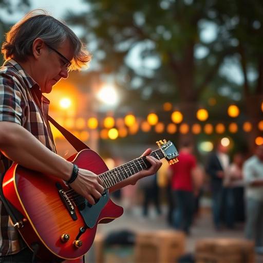 Image of a musical performance with a musician playing a guitar during a local outdoor event.