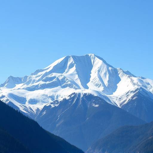 Majestic mountain range covered in snow with a clear blue sky in the background.