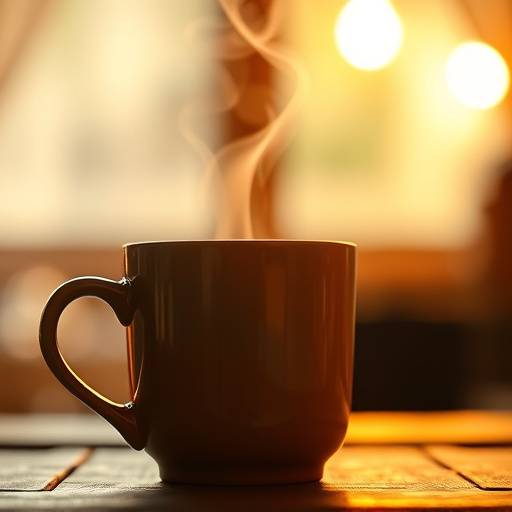 Product shot of a handcrafted coffee mug, with steam rising and a warm, inviting atmosphere.