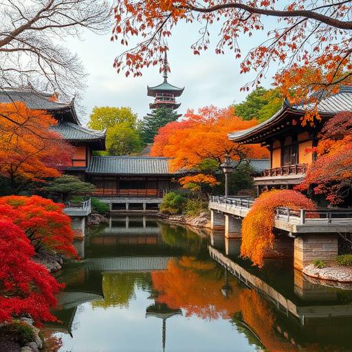 Serene Japanese garden in Kyoto with vibrant autumn foliage, traditional architecture, and a peaceful pond.