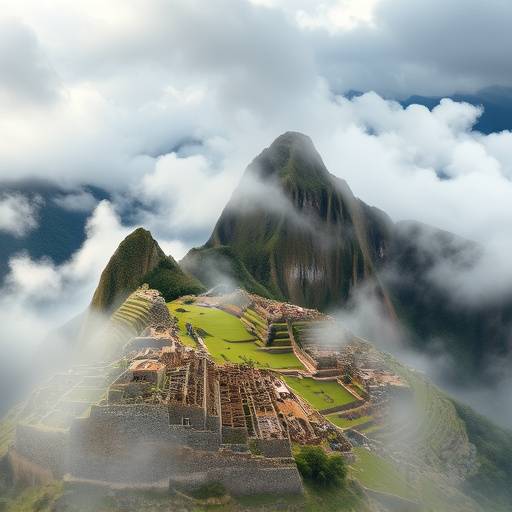 The ancient Incan citadel of Machu Picchu nestled in the Andes Mountains, Peru, shrouded in mist.