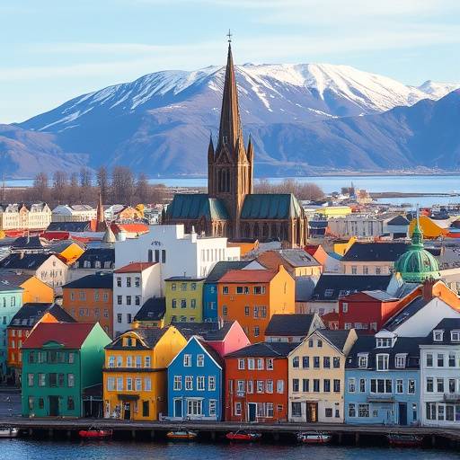 View of Reykjavik, Iceland with colorful buildings and the Hallgrímskirkja church in the foreground, set against a backdrop of mountains.